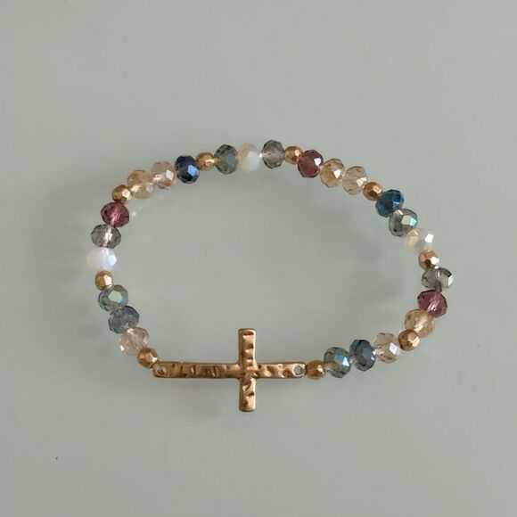 Elegant Multicolor Beaded Bracelet with Gold Cross A966 - Picture 3 of 3